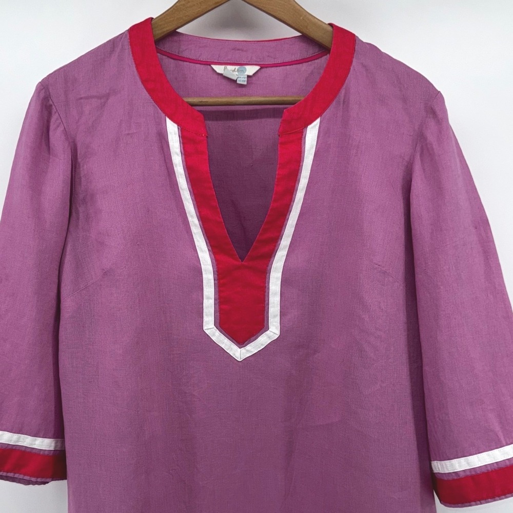 Boden Womens 10P Linen Tunic Top Purple Coral White Trim 3/4 Sleeve V Neck